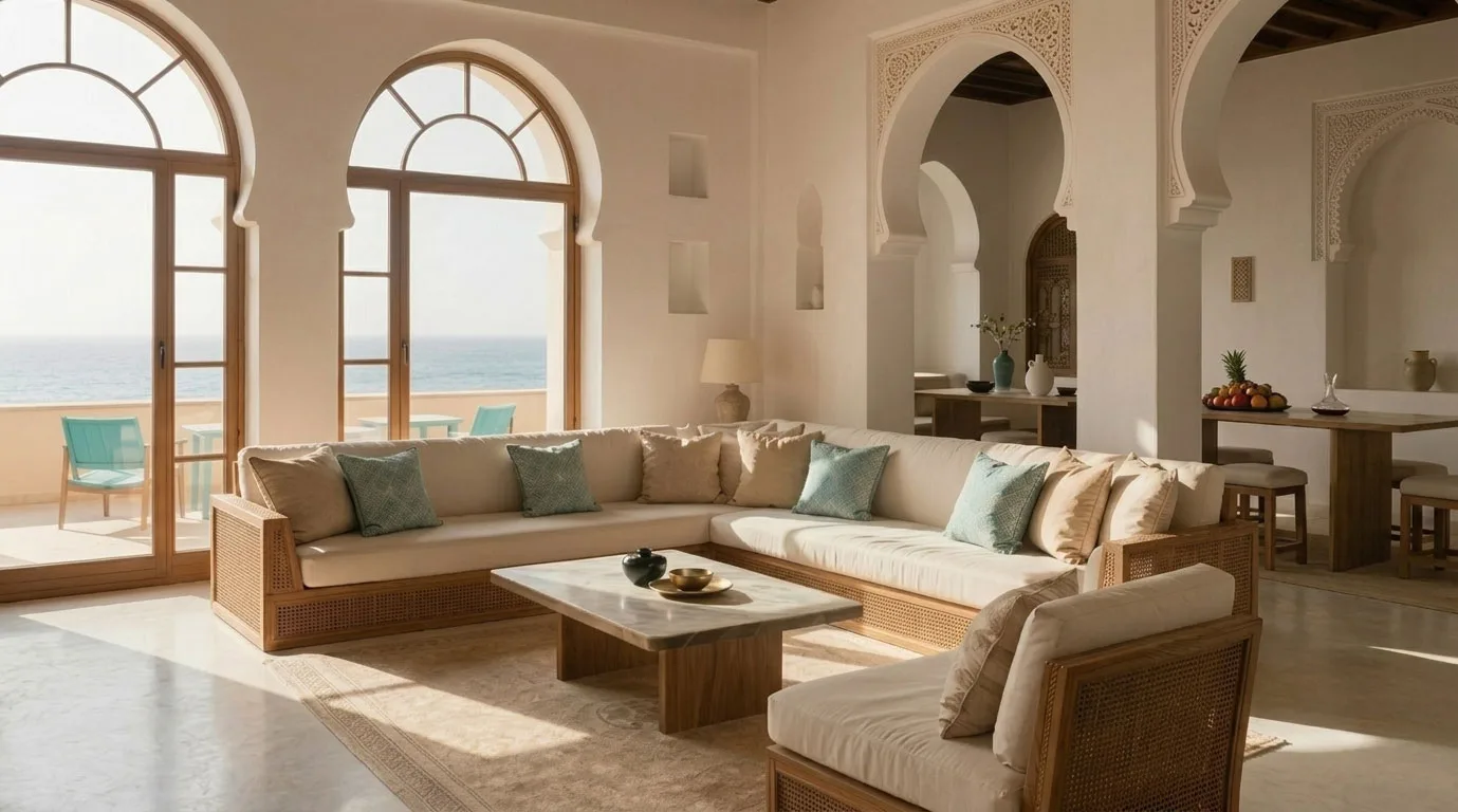 Salon marocain lumineux aux arches traditionnelles, ouvert sur la mer à Tanger